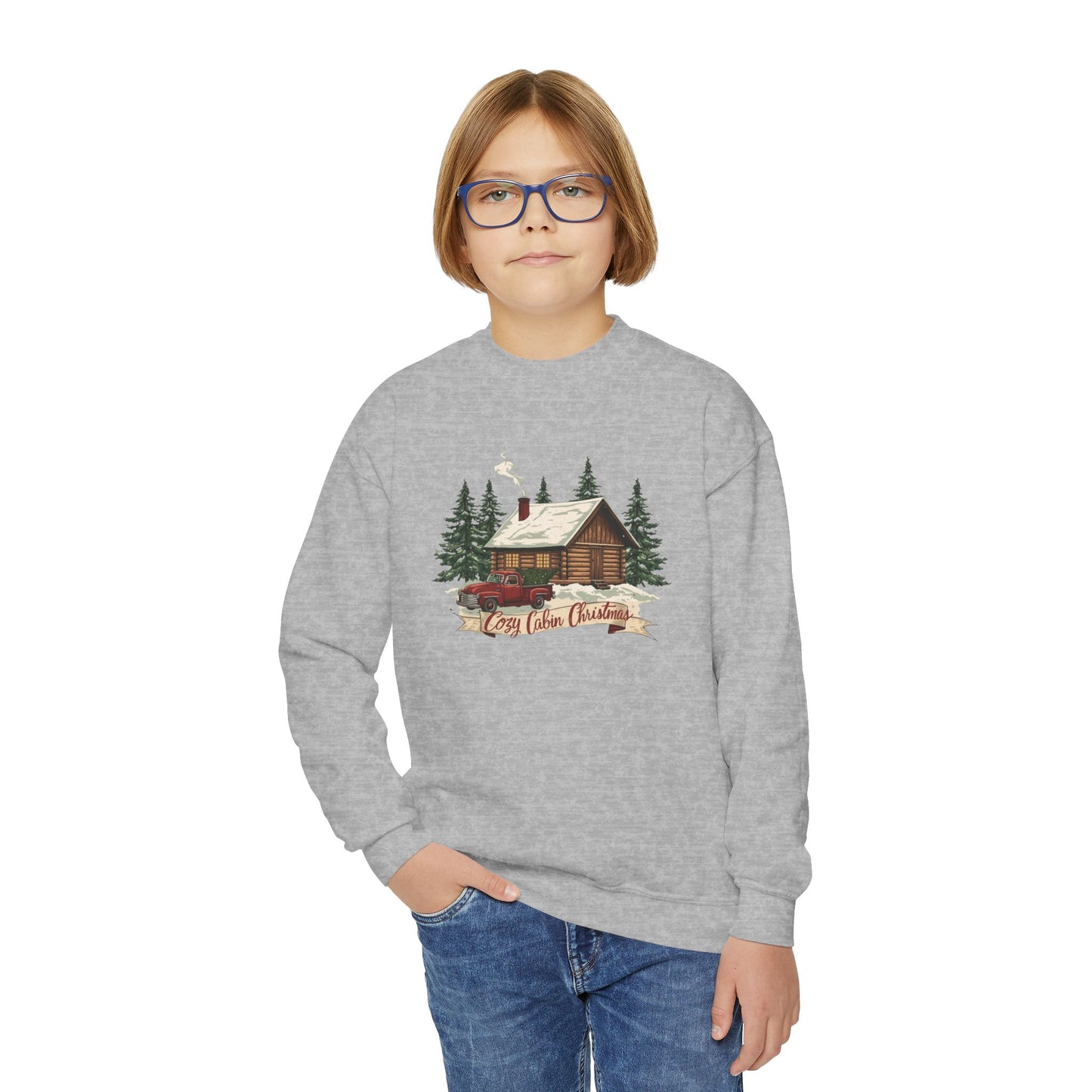 Cozy Cabin Christmas Youth Crewneck | Kids Holiday Sweatshirt | Vintage Cabin & Red Truck Christmas Sweater (10 Colors)