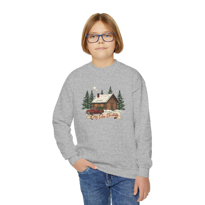 Cozy Cabin Christmas Youth Crewneck | Kids Holiday Sweatshirt | Vintage Cabin & Red Truck Christmas Sweater (10 Colors)