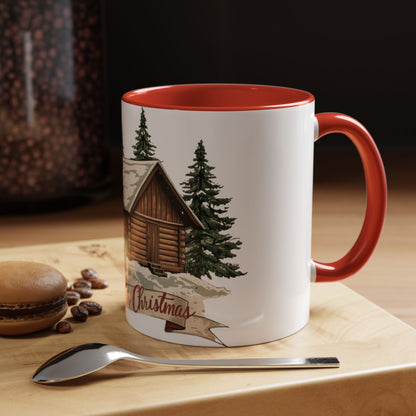 Cozy Cabin Christmas Accent Mug | Rustic Holiday Log Cabin Coffee Cup (11oz & 15oz | 8 Color Options for 11oz, 5 for 15oz)