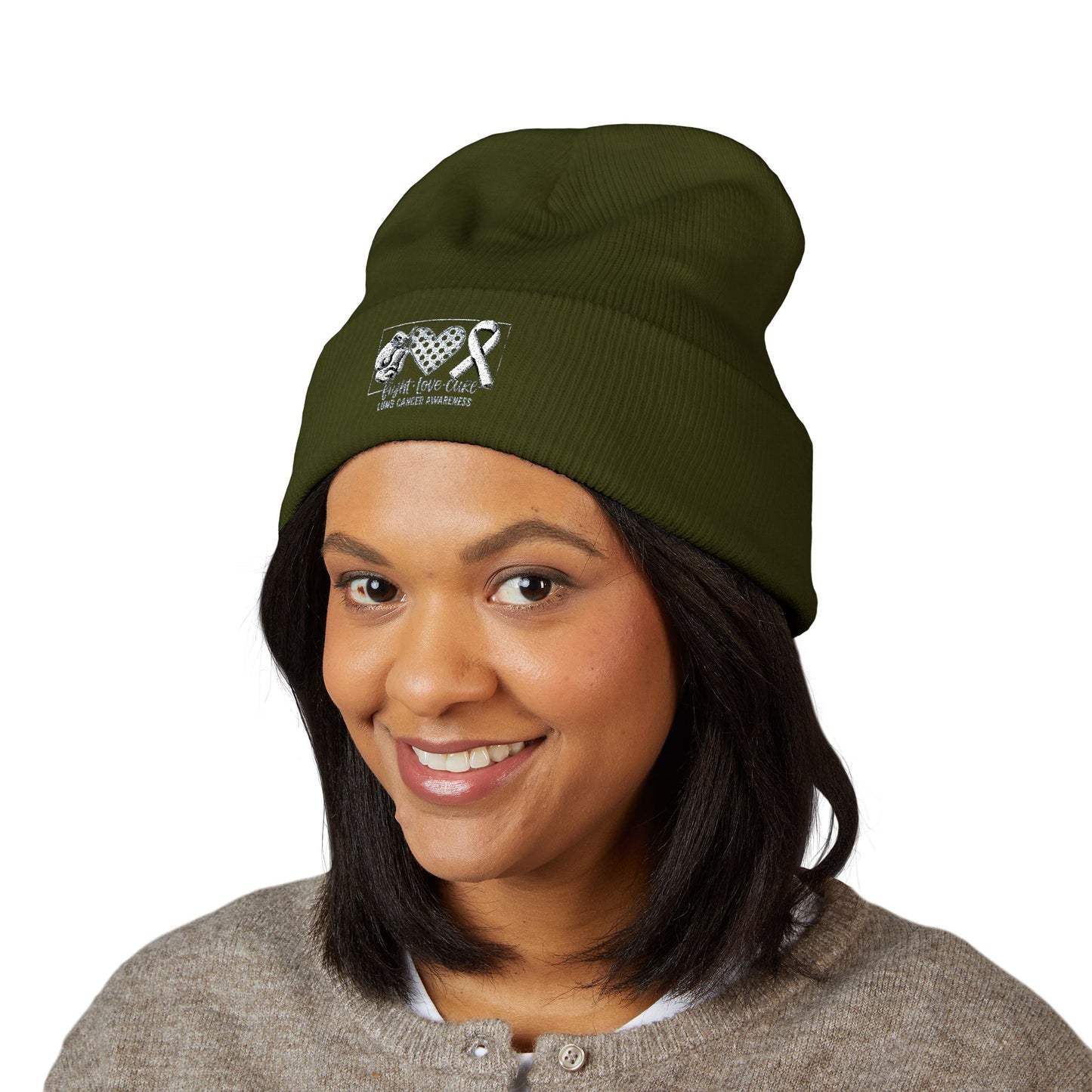 Fight Love Cure Lung Cancer Awareness Embroidered Beanie | Unisex Knit Hat