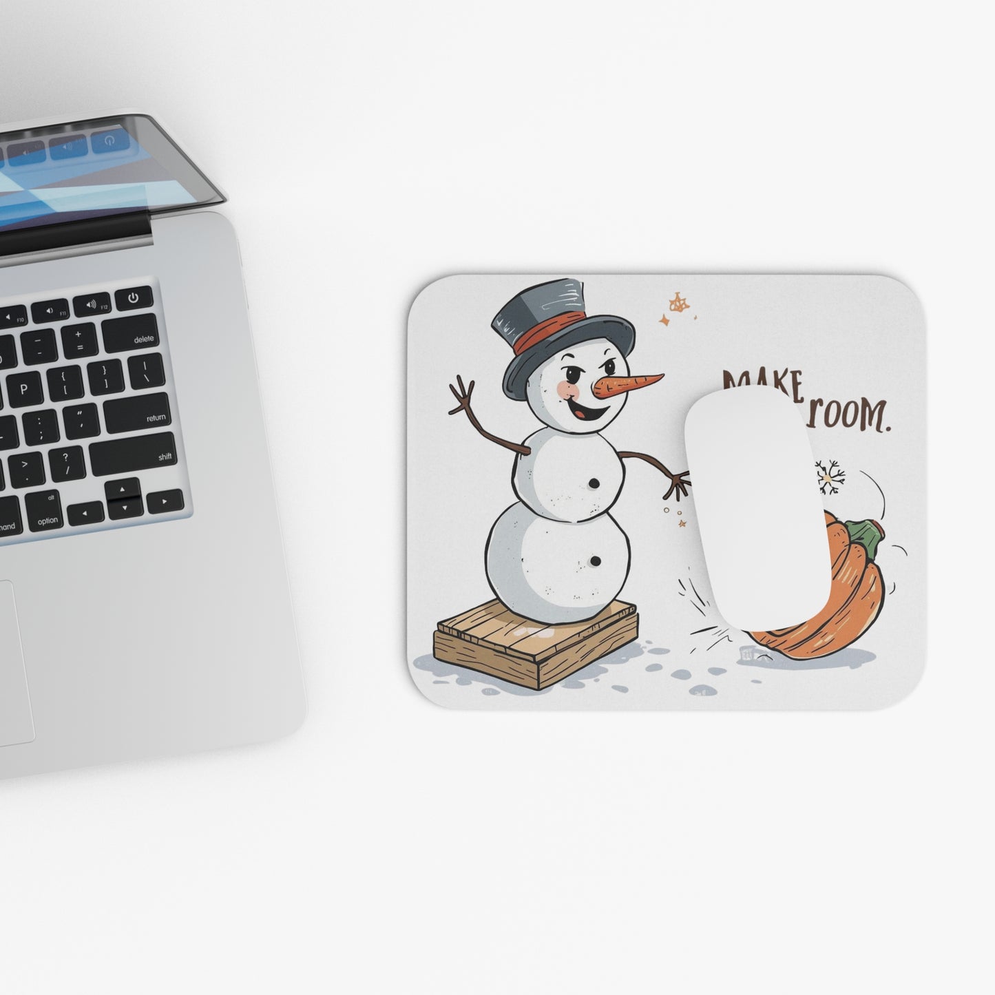 Fall to Winter Humorous Mouse Pad – “Make Room” Snowman Kicking Pumpkin