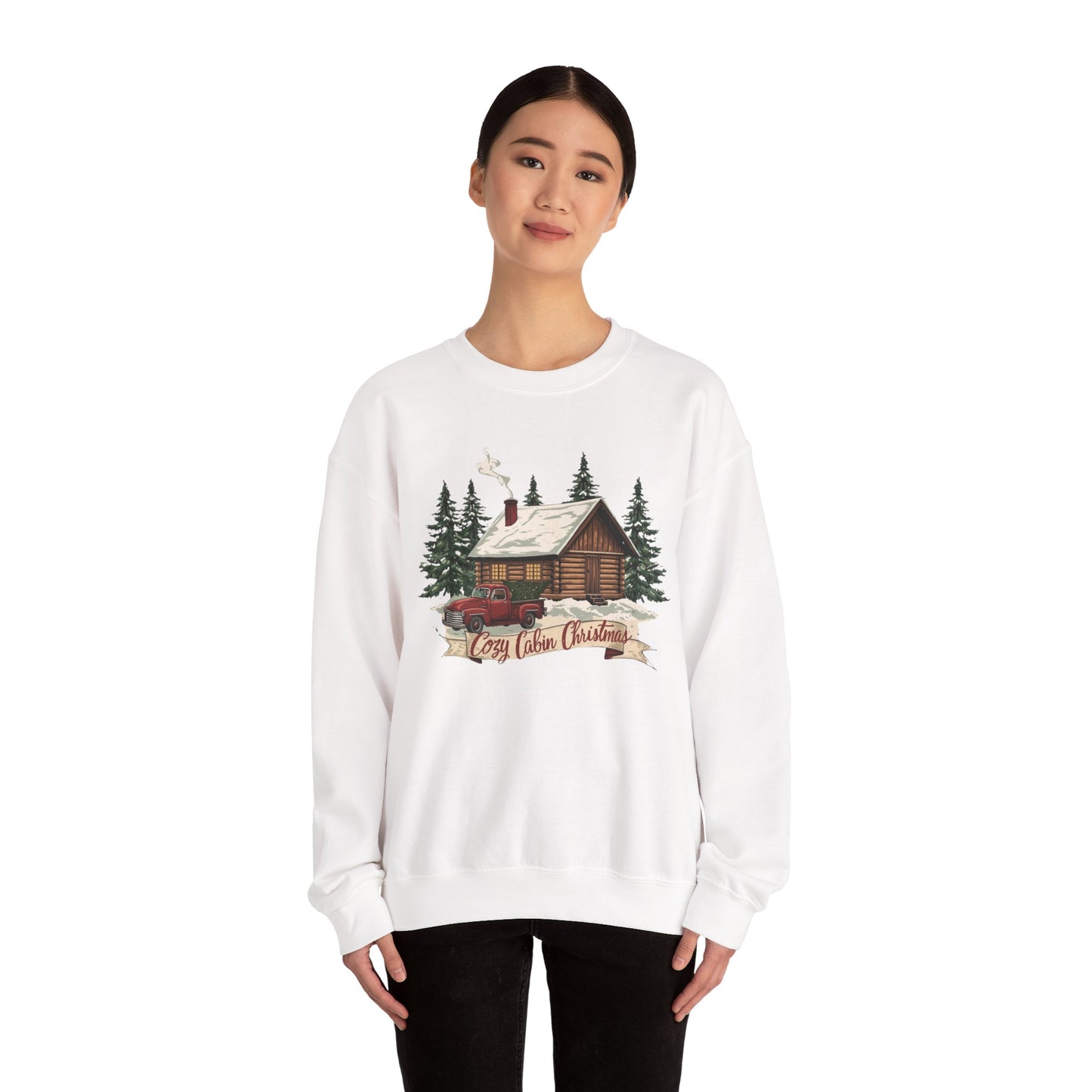 Cozy Cabin Christmas Crewneck Sweatshirt | Rustic Red Truck Holiday Sweater (9 Color Options)