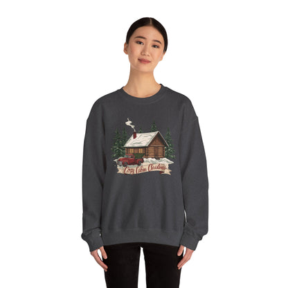 Cozy Cabin Christmas Crewneck Sweatshirt | Rustic Red Truck Holiday Sweater (9 Color Options)