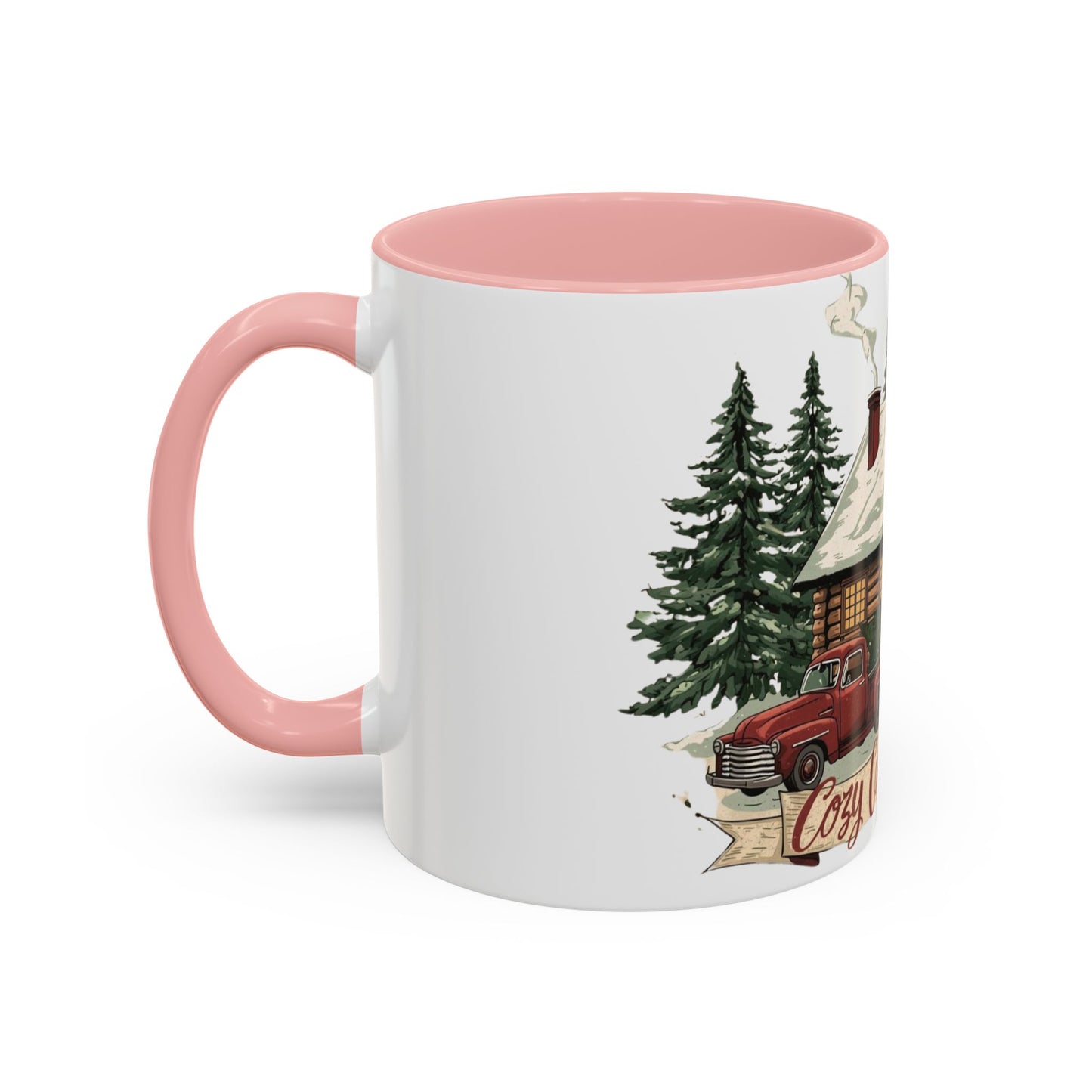 Cozy Cabin Christmas Accent Mug | Rustic Holiday Log Cabin Coffee Cup (11oz & 15oz | 8 Color Options for 11oz, 5 for 15oz)