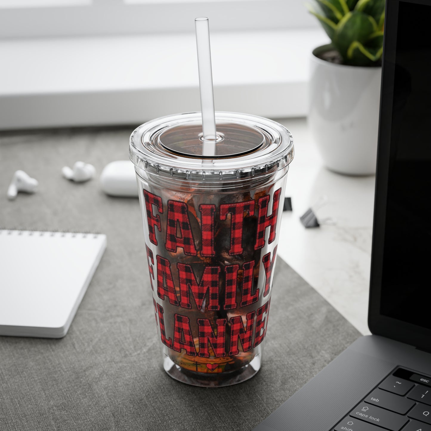 Faith, Family & Flannel Acrylic Tumbler with Straw | Christian Buffalo Plaid Cup (9 Color Options)