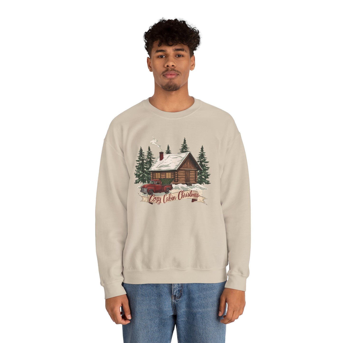 Cozy Cabin Christmas Crewneck Sweatshirt | Rustic Red Truck Holiday Sweater (9 Color Options)