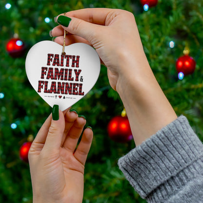 Faith, Family & Flannel Ceramic Christmas Ornament | 4 Shape Options – Star, Circle, Heart & Snowflake