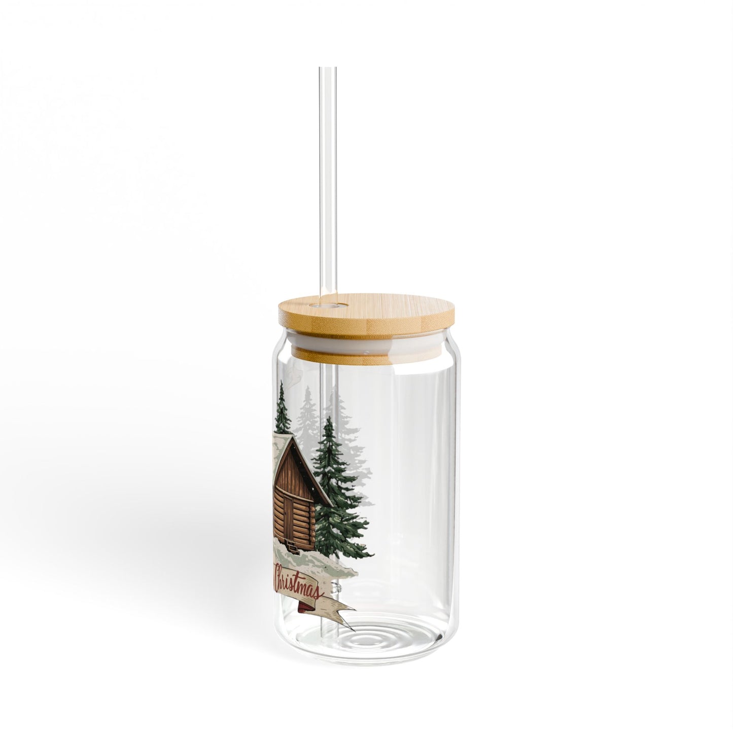 Cozy Cabin Christmas Glass Sipper | Rustic Holiday Iced Coffee Cup with Bamboo Lid & Glass Straw | Vintage Cabin Drinkware