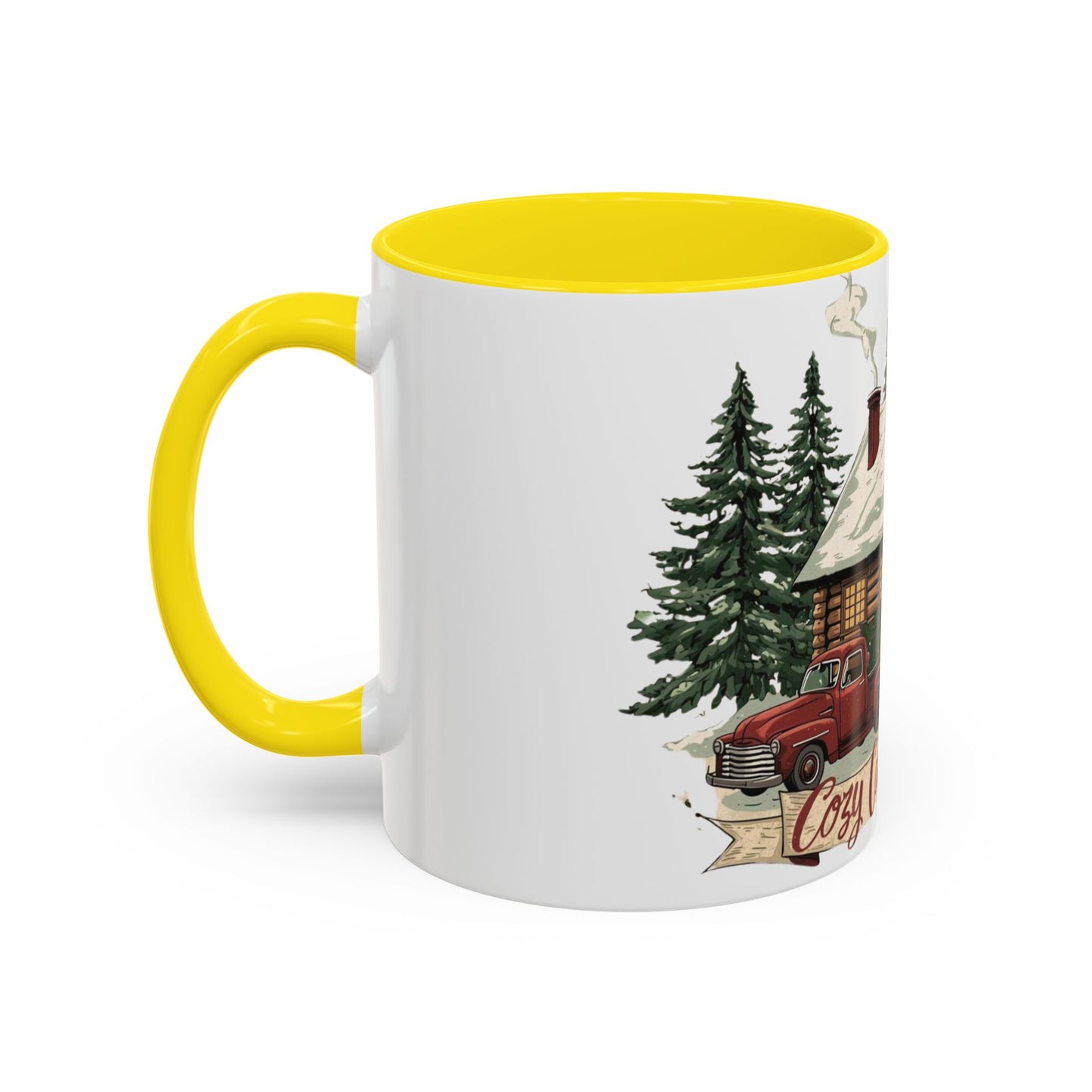 Cozy Cabin Christmas Accent Mug | Rustic Holiday Log Cabin Coffee Cup (11oz & 15oz | 8 Color Options for 11oz, 5 for 15oz)