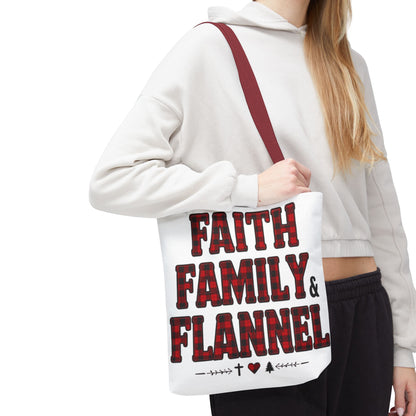 Faith, Family & Flannel Tote Bag | Buffalo Plaid Christian Tote (5 Handle Colors)