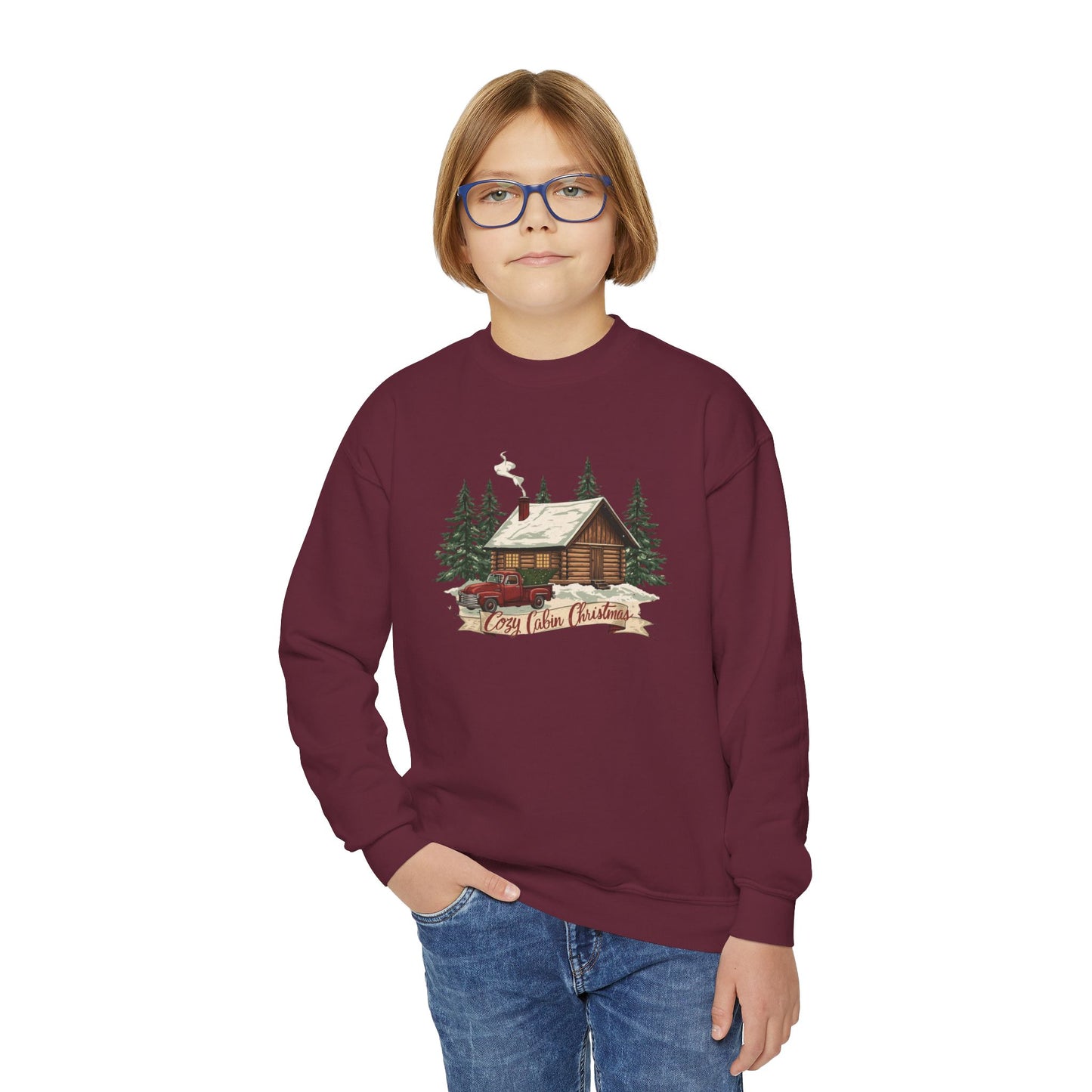Cozy Cabin Christmas Youth Crewneck | Kids Holiday Sweatshirt | Vintage Cabin & Red Truck Christmas Sweater (10 Colors)