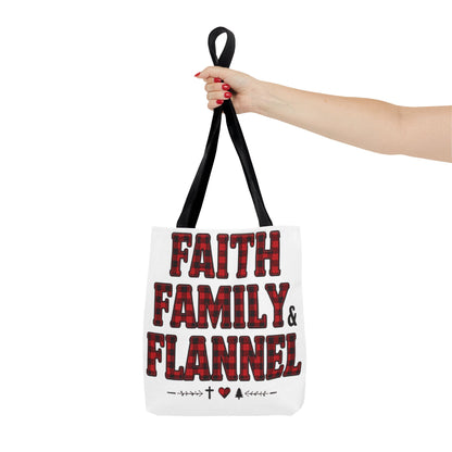 Faith, Family & Flannel Tote Bag | Buffalo Plaid Christian Tote (5 Handle Colors)