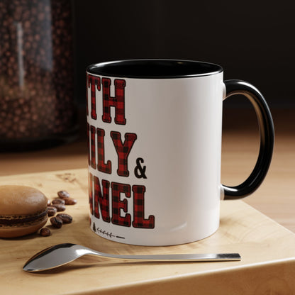 Faith, Family & Flannel Accent Mug | 11oz & 15oz Christian Coffee Cup (Multiple Colors)