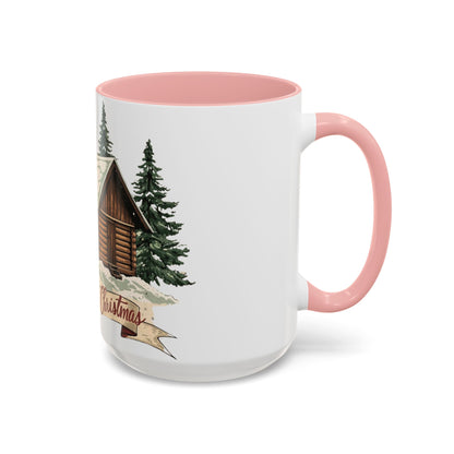 Cozy Cabin Christmas Accent Mug | Rustic Holiday Log Cabin Coffee Cup (11oz & 15oz | 8 Color Options for 11oz, 5 for 15oz)