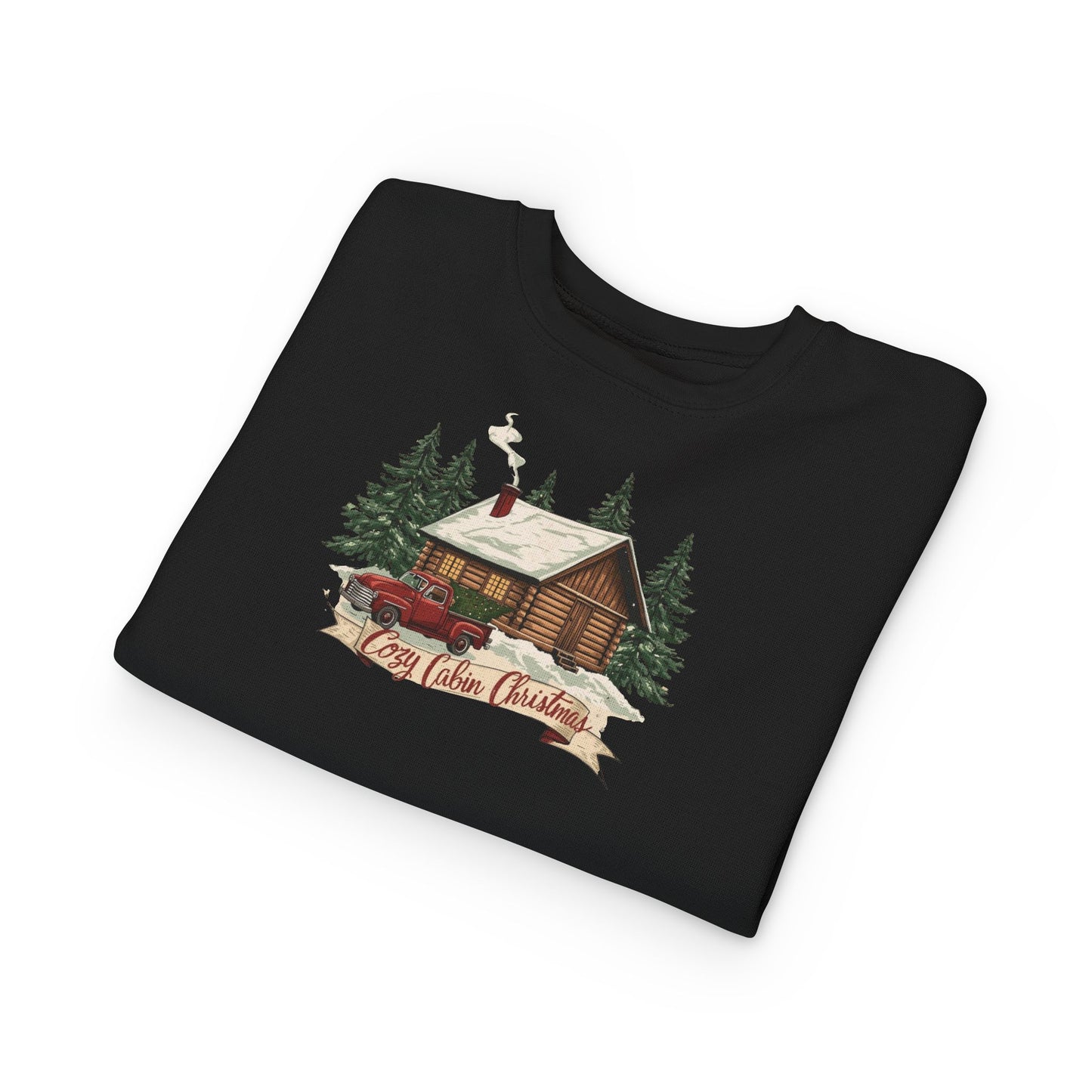 Cozy Cabin Christmas Toddler Crewneck | Kids Holiday Sweatshirt | Vintage Red Truck & Cabin Christmas Sweater (8 Colors)