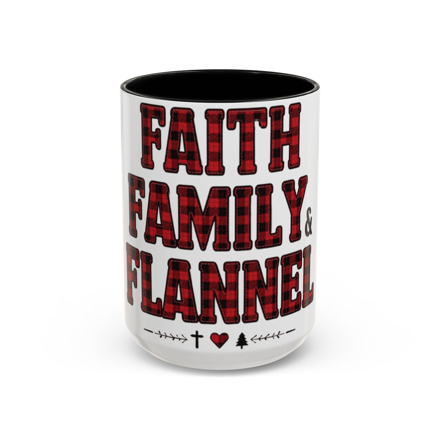 Faith, Family & Flannel Accent Mug | 11oz & 15oz Christian Coffee Cup (Multiple Colors)