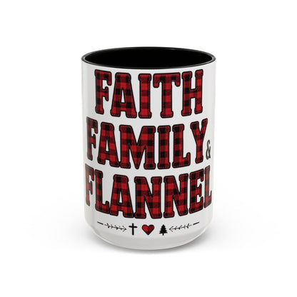 Faith, Family & Flannel Accent Mug | 11oz & 15oz Christian Coffee Cup (Multiple Colors)