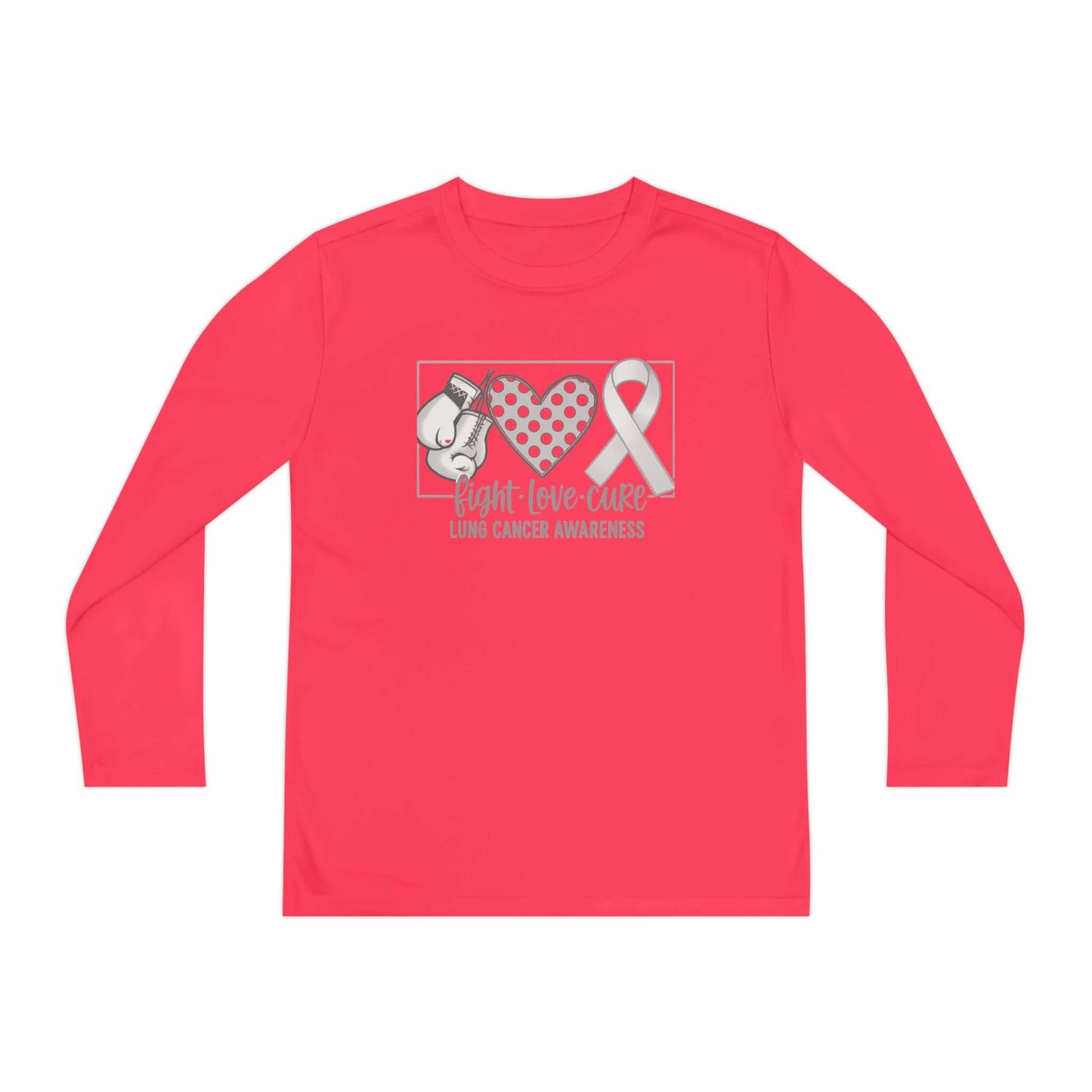Fight Love Cure Lung Cancer Awareness Youth Long Sleeve Shirt | Kids Awareness Tee in vibrant pink with boxing gloves and ribbon design.