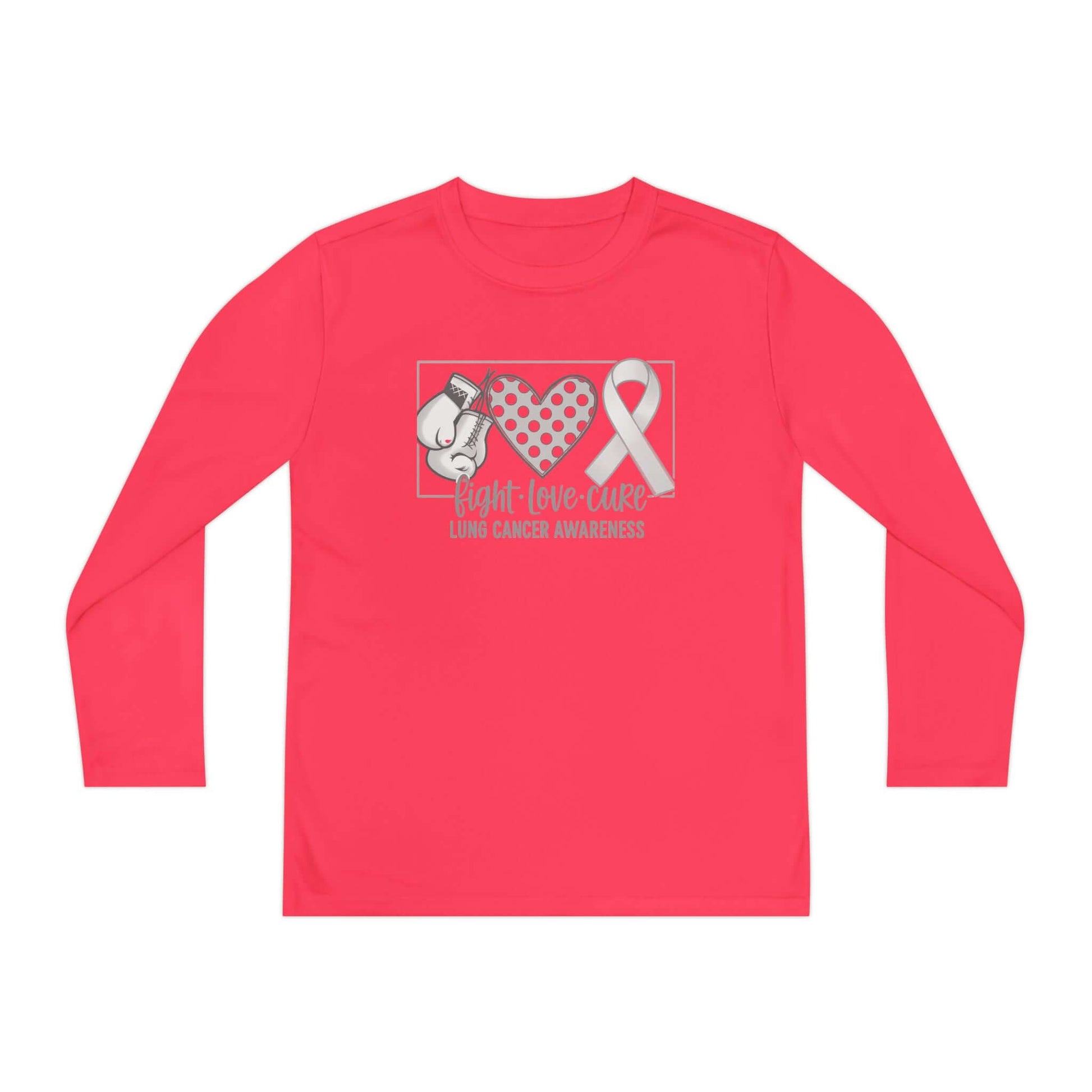 Fight Love Cure Lung Cancer Awareness Youth Long Sleeve Shirt | Kids Awareness Tee in vibrant pink with boxing gloves and ribbon design.
