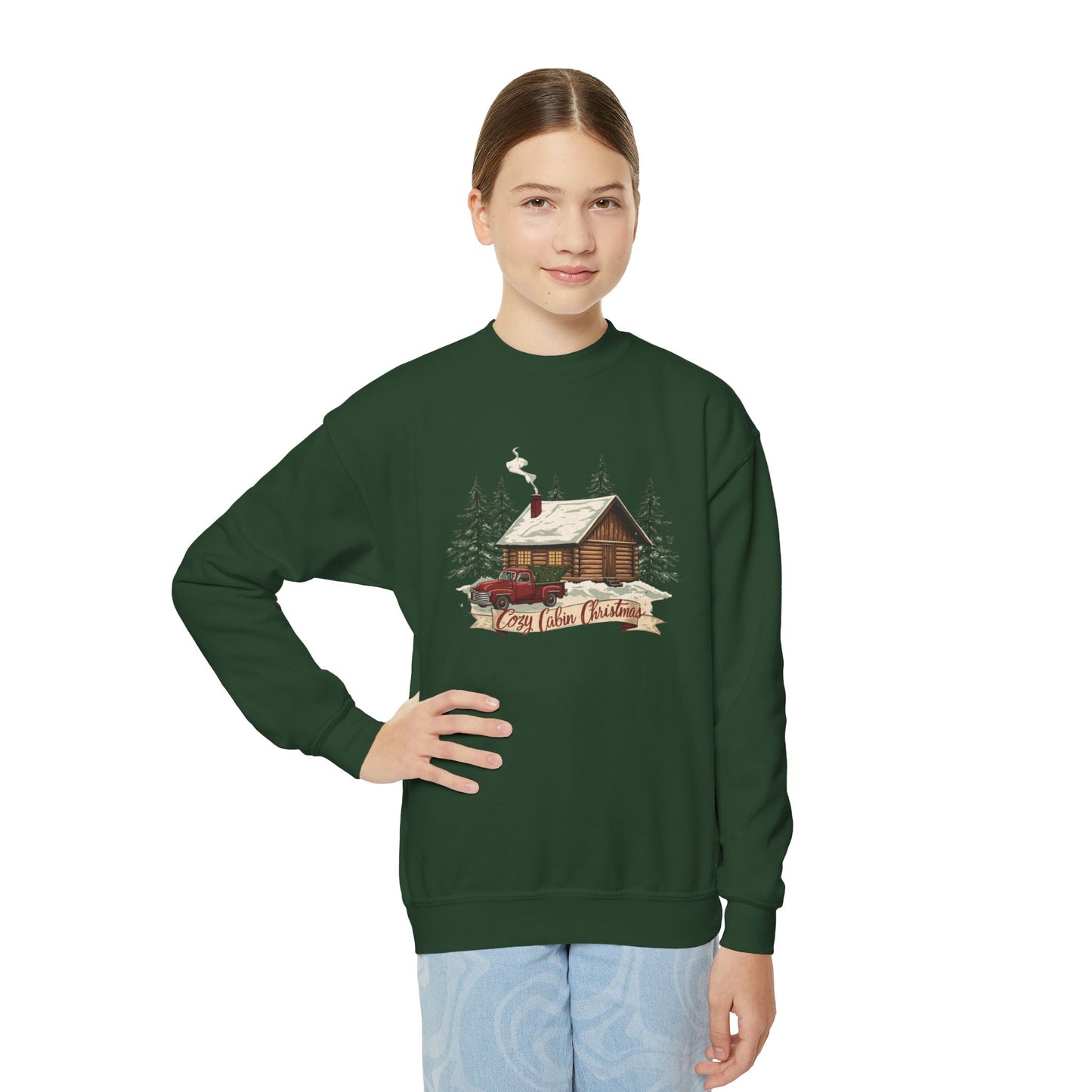 Cozy Cabin Christmas Youth Crewneck | Kids Holiday Sweatshirt | Vintage Cabin & Red Truck Christmas Sweater (10 Colors)