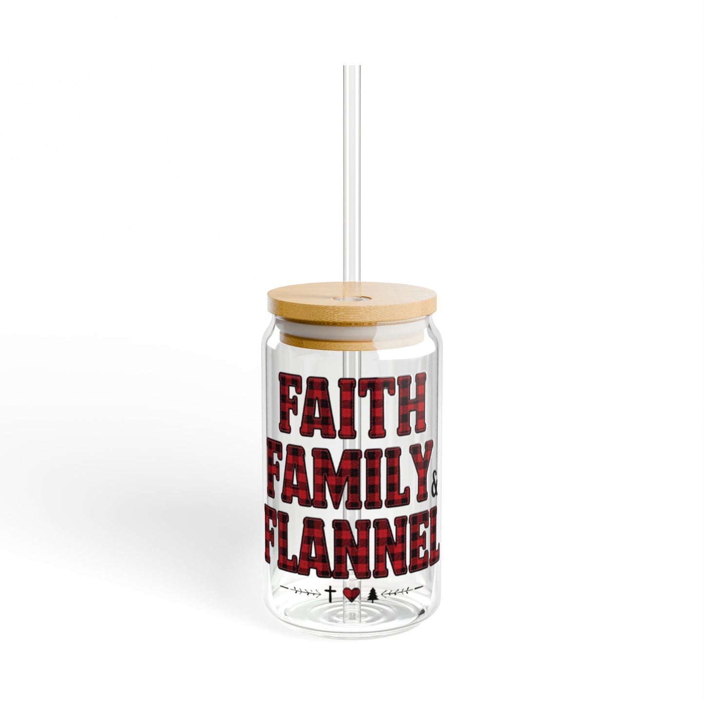 Faith, Family & Flannel Glass Sipper Cup | Christian Bamboo Lid Iced Coffee Glass with Straw