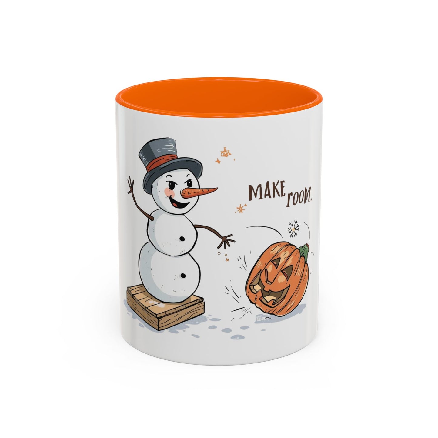 Winter to Fall Humor Mug – “Make Room” Snowman & Pumpkin Mug