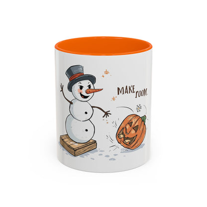 Winter to Fall Humor Mug – “Make Room” Snowman & Pumpkin Mug