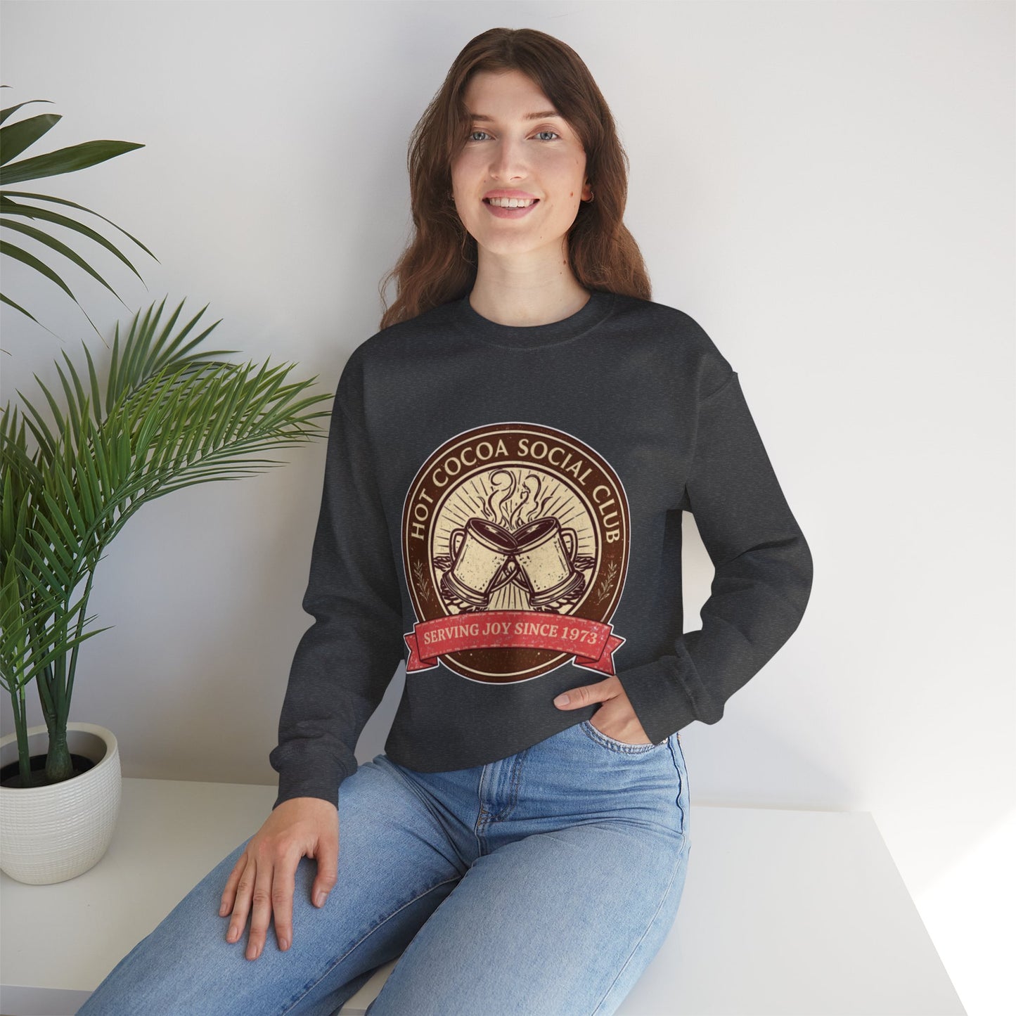 Hot Cocoa Social Club Crewneck Sweatshirt | Vintage Holiday Pullover | Cozy Winter “Serving Joy Since 1973” Sweatshirt