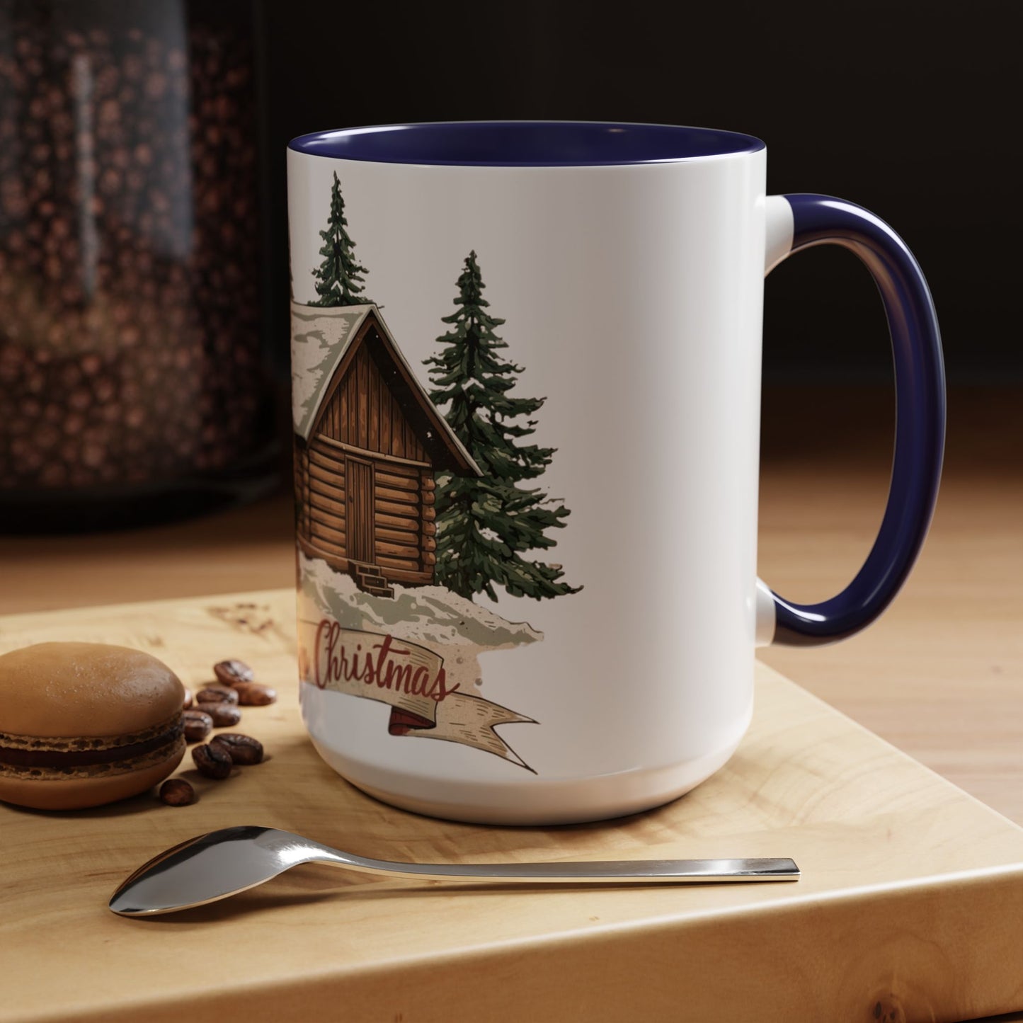 Cozy Cabin Christmas Accent Mug | Rustic Holiday Log Cabin Coffee Cup (11oz & 15oz | 8 Color Options for 11oz, 5 for 15oz)