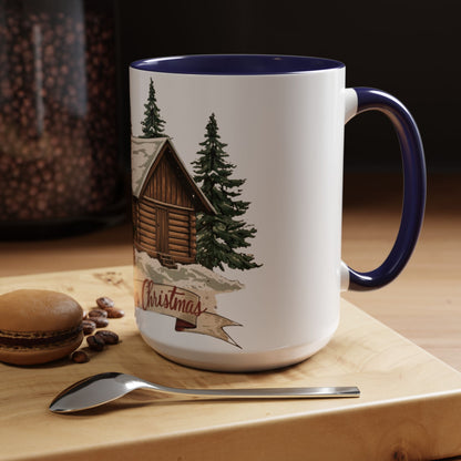 Cozy Cabin Christmas Accent Mug | Rustic Holiday Log Cabin Coffee Cup (11oz & 15oz | 8 Color Options for 11oz, 5 for 15oz)