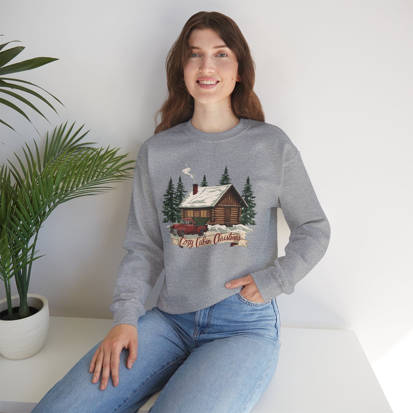 Cozy Cabin Christmas Crewneck Sweatshirt | Rustic Red Truck Holiday Sweater (9 Color Options)
