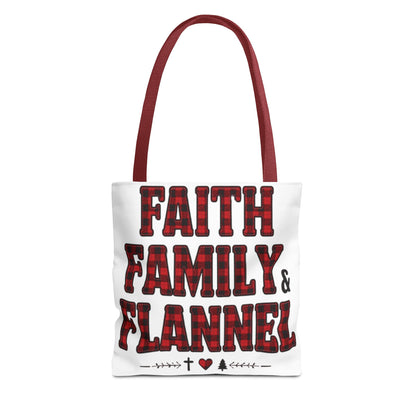 Faith, Family & Flannel Tote Bag | Buffalo Plaid Christian Tote (5 Handle Colors)