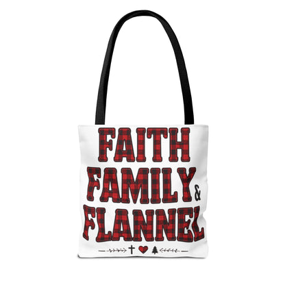 Faith, Family & Flannel Tote Bag | Buffalo Plaid Christian Tote (5 Handle Colors)