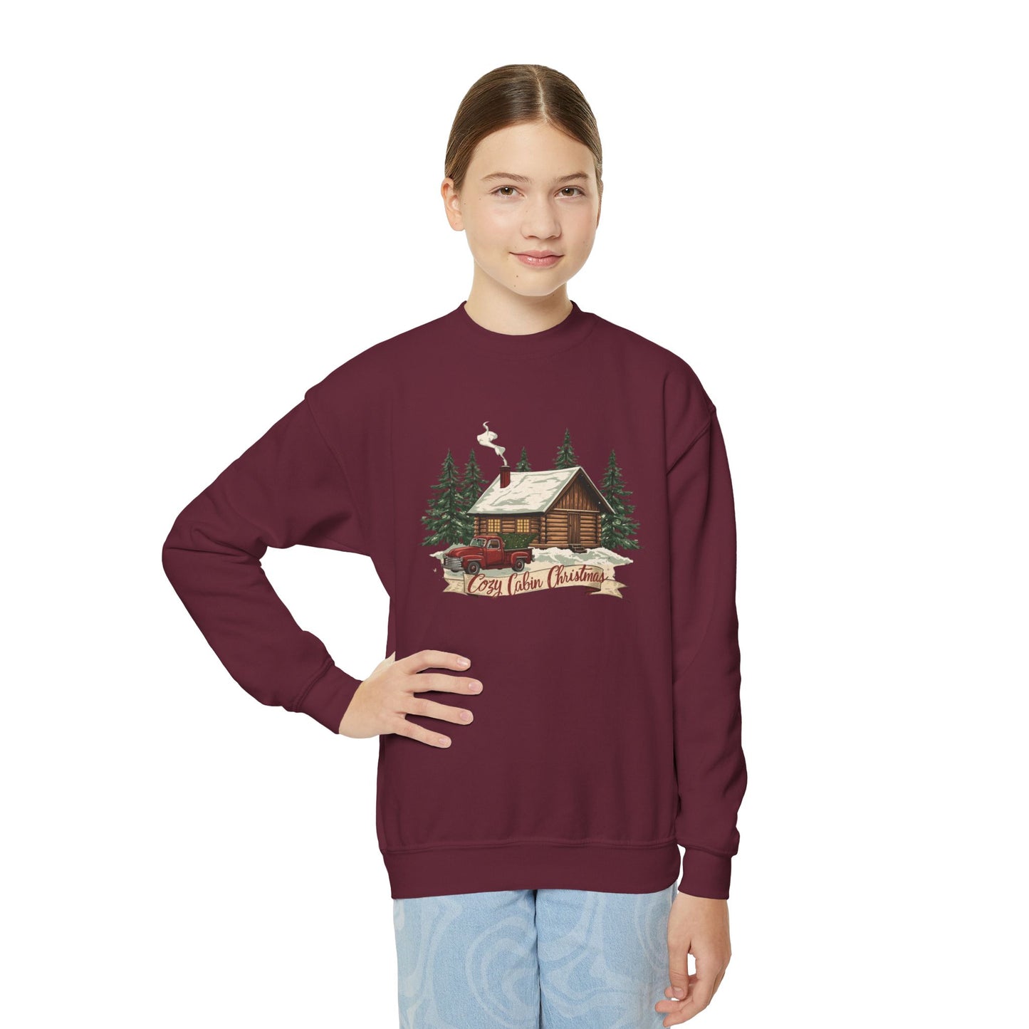 Cozy Cabin Christmas Youth Crewneck | Kids Holiday Sweatshirt | Vintage Cabin & Red Truck Christmas Sweater (10 Colors)