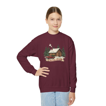 Cozy Cabin Christmas Youth Crewneck | Kids Holiday Sweatshirt | Vintage Cabin & Red Truck Christmas Sweater (10 Colors)