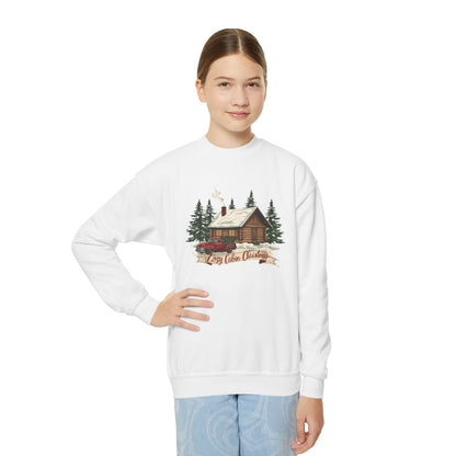 Cozy Cabin Christmas Youth Crewneck | Kids Holiday Sweatshirt | Vintage Cabin & Red Truck Christmas Sweater (10 Colors)