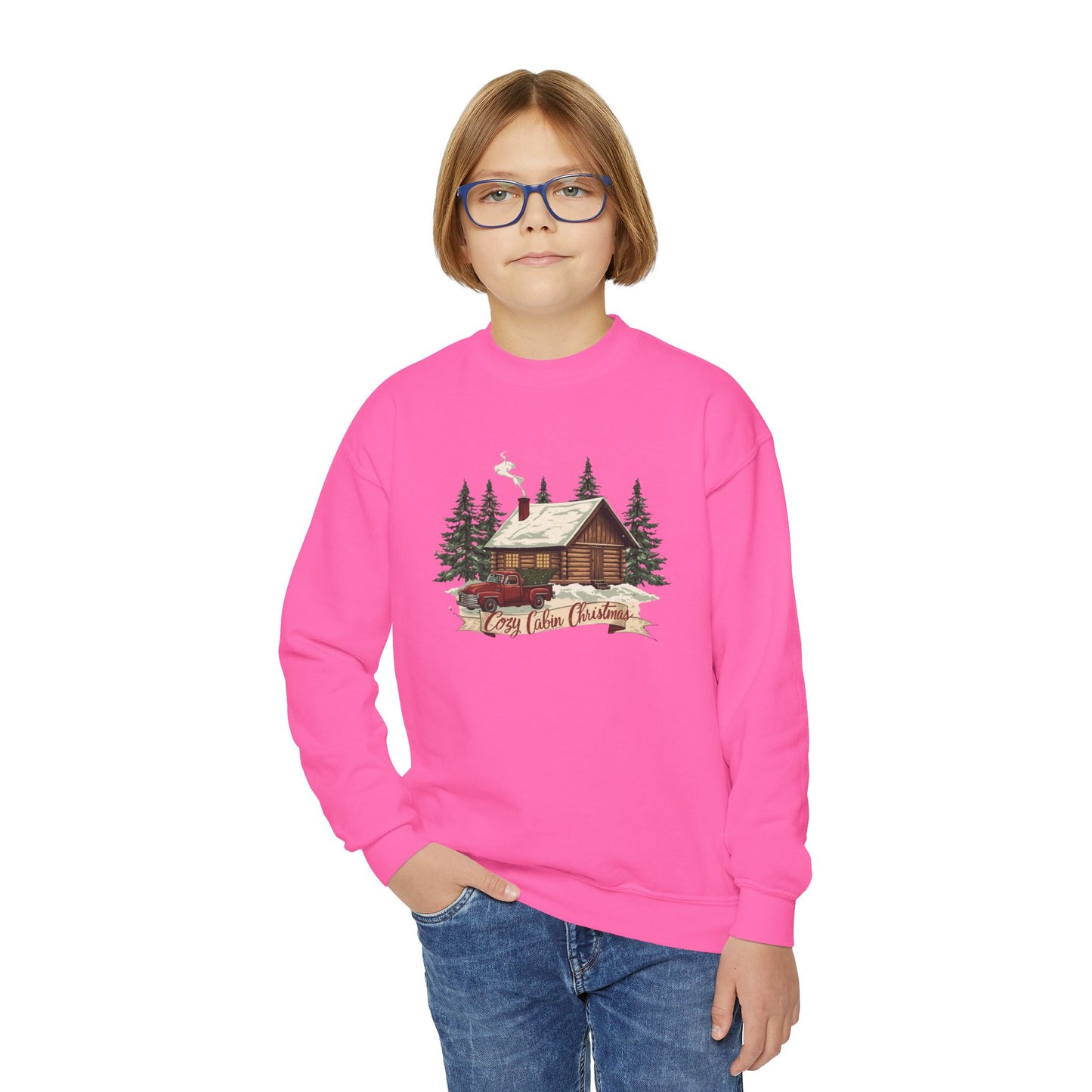 Cozy Cabin Christmas Youth Crewneck | Kids Holiday Sweatshirt | Vintage Cabin & Red Truck Christmas Sweater (10 Colors)