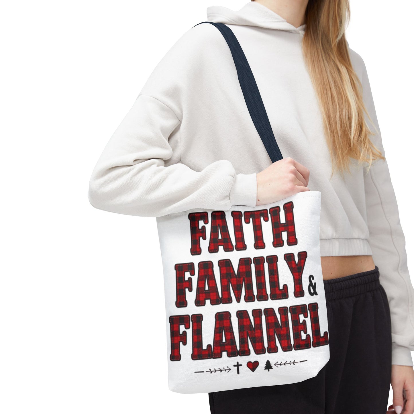 Faith, Family & Flannel Tote Bag | Buffalo Plaid Christian Tote (5 Handle Colors)