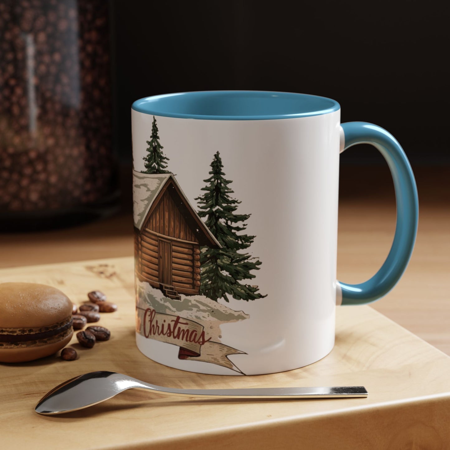 Cozy Cabin Christmas Accent Mug | Rustic Holiday Log Cabin Coffee Cup (11oz & 15oz | 8 Color Options for 11oz, 5 for 15oz)