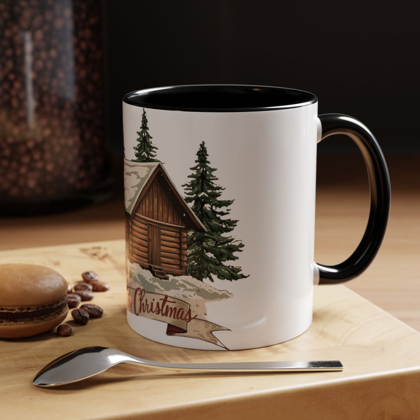 Cozy Cabin Christmas Accent Mug | Rustic Holiday Log Cabin Coffee Cup (11oz & 15oz | 8 Color Options for 11oz, 5 for 15oz)