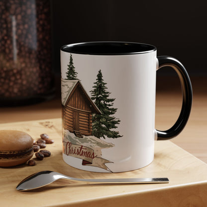 Cozy Cabin Christmas Accent Mug | Rustic Holiday Log Cabin Coffee Cup (11oz & 15oz | 8 Color Options for 11oz, 5 for 15oz)