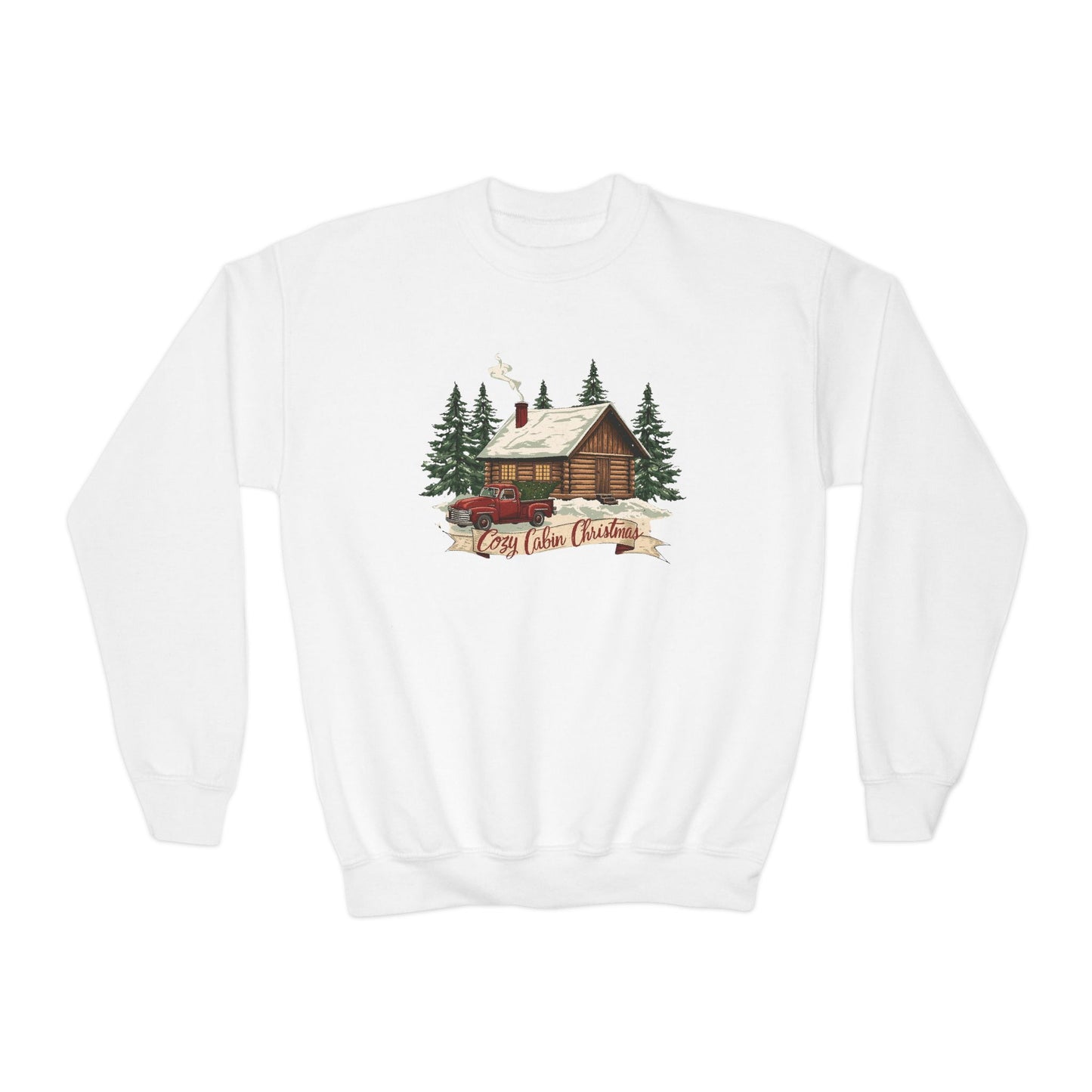 Cozy Cabin Christmas Youth Crewneck | Kids Holiday Sweatshirt | Vintage Cabin & Red Truck Christmas Sweater (10 Colors)