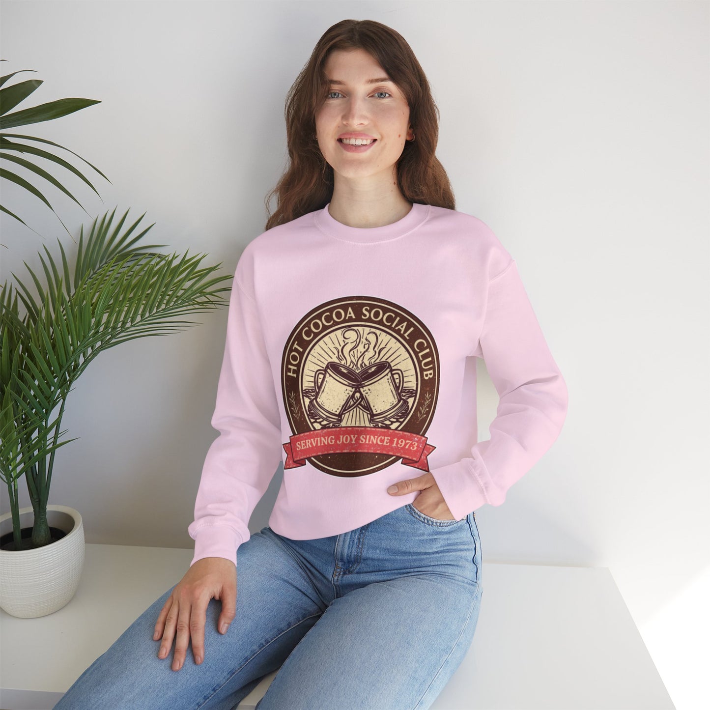 Hot Cocoa Social Club Crewneck Sweatshirt | Vintage Holiday Pullover | Cozy Winter “Serving Joy Since 1973” Sweatshirt