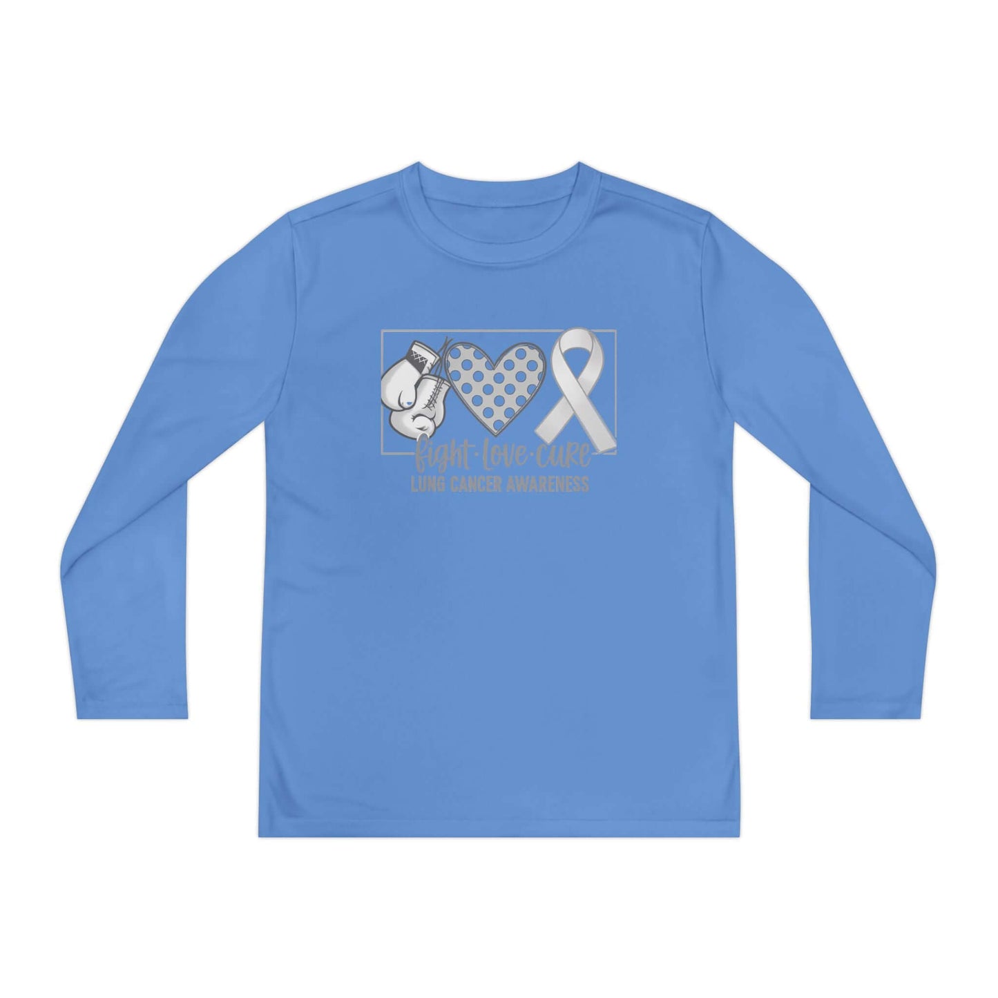 Fight Love Cure Lung Cancer Awareness Youth Long Sleeve Shirt | Kids Awareness Tee in blue with boxing gloves and ribbon design.