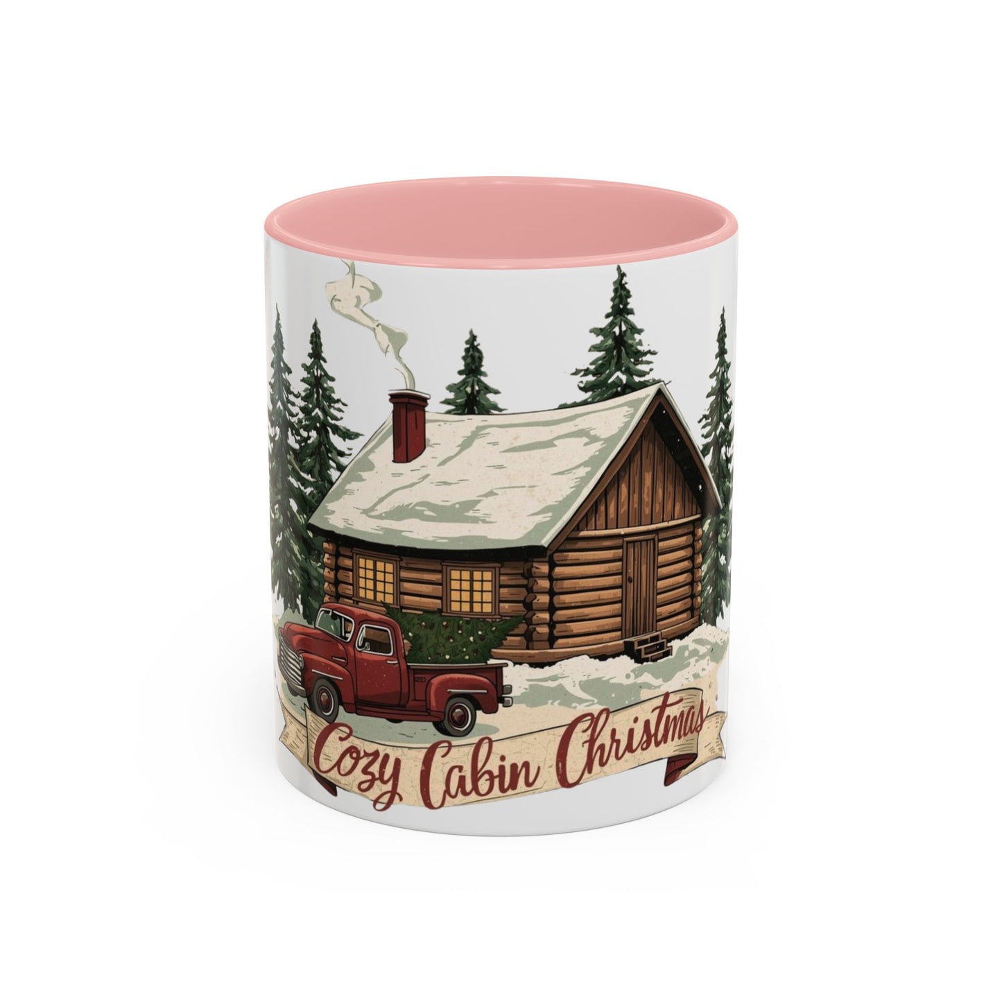 Cozy Cabin Christmas Accent Mug | Rustic Holiday Log Cabin Coffee Cup (11oz & 15oz | 8 Color Options for 11oz, 5 for 15oz)