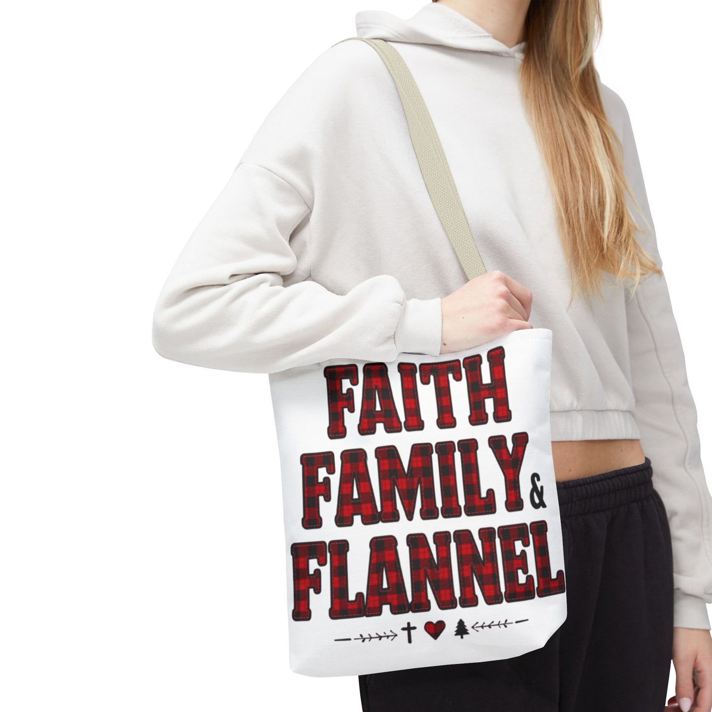 Faith, Family & Flannel Tote Bag | Buffalo Plaid Christian Tote (5 Handle Colors)