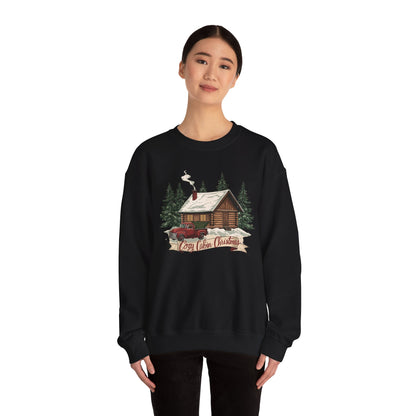 Cozy Cabin Christmas Crewneck Sweatshirt | Rustic Red Truck Holiday Sweater (9 Color Options)