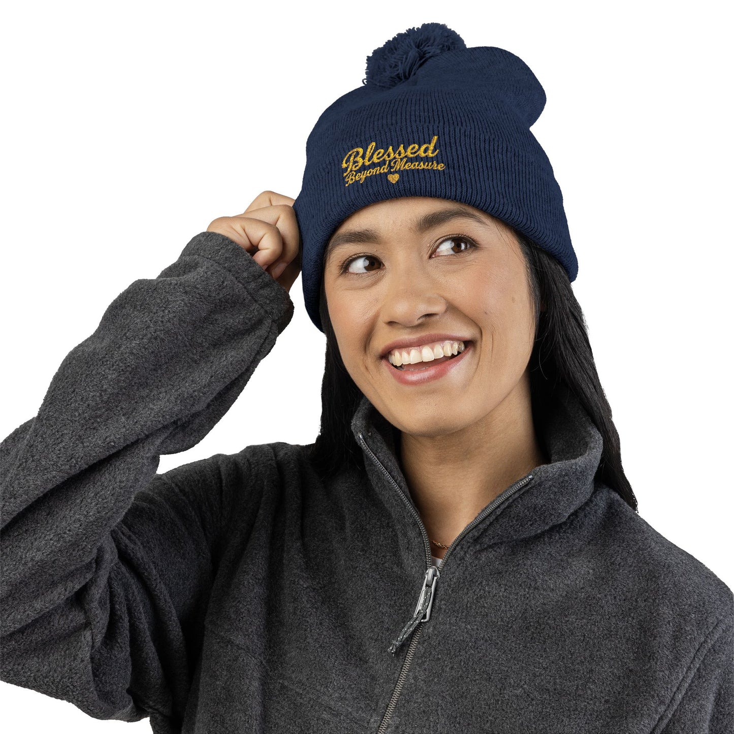Blessed Beyond Measure Pom Pom Beanie – Embroidered Faith Winter Hat (10 Colors)