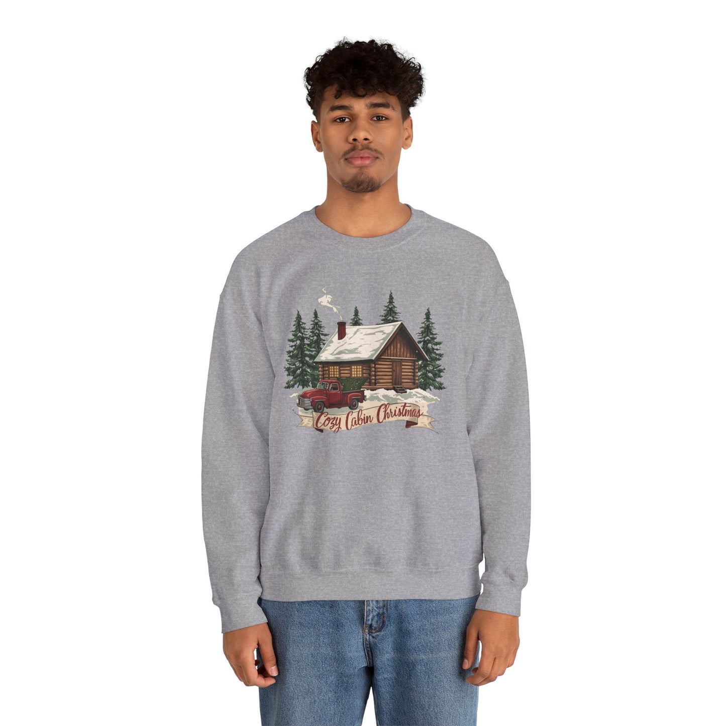 Cozy Cabin Christmas Crewneck Sweatshirt | Rustic Red Truck Holiday Sweater (9 Color Options)