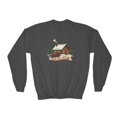 Cozy Cabin Christmas Youth Crewneck | Kids Holiday Sweatshirt | Vintage Cabin & Red Truck Christmas Sweater (10 Colors)